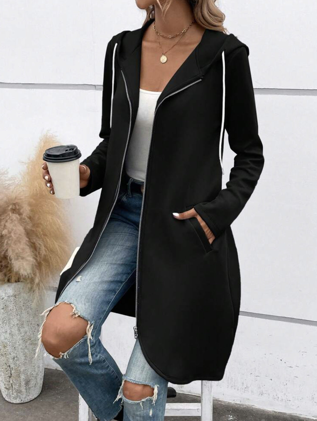 Personality Street Zip Hooded Long Velvet Lining Sweatshirt