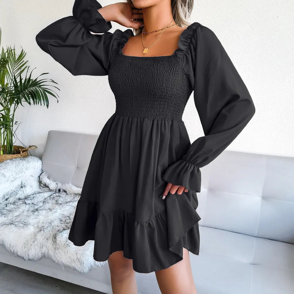 Flared Long Sleeve Dresses Women Square Neck Ruffled Swing Dress