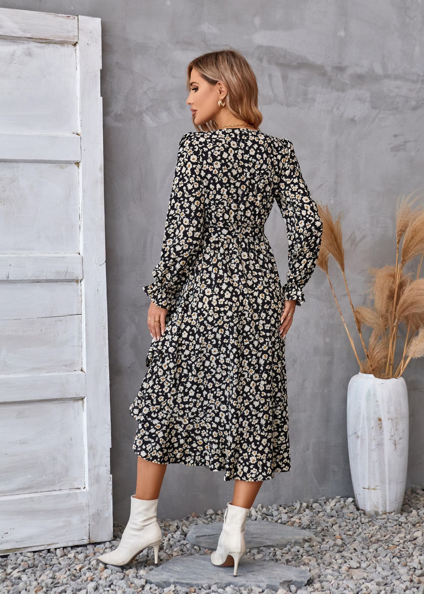Flowers Print Long Sleeve Dress Fashion Ruffled Commuter Temperament Dresses Womens Clothing