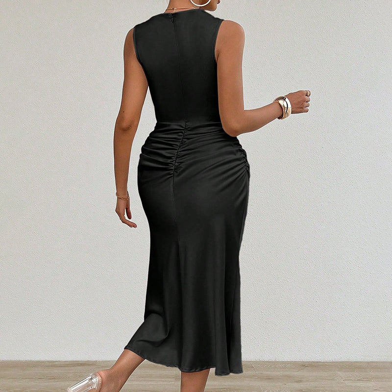 Women's Summer Sleeveless Tank Dress Crew Neck Slim Fit Ruched Bodycon Dress Casual Party Club Dress-FREE USA SHIPPING
