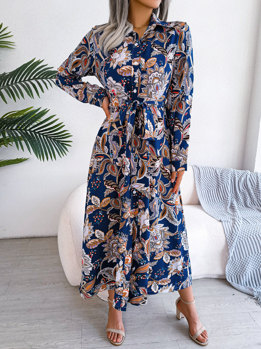 Retro Floral Stand Collar Belted Shirt Dress Long Skirt Women's Fashion Full Sleeve Regular Waistline Ankle-Length