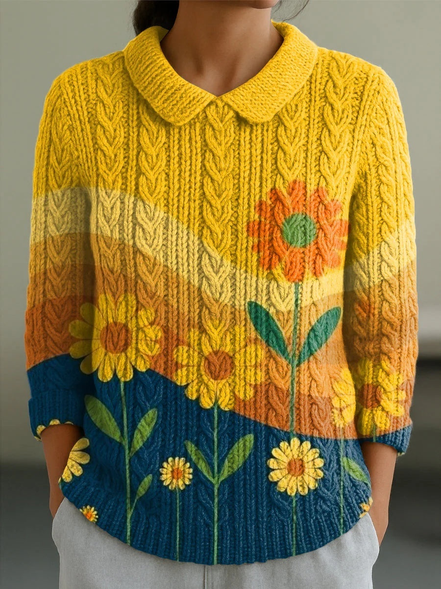 Autumn And Winter New Women's Doll Collar Knitted Jacquard Fabric French Retro Printed Top