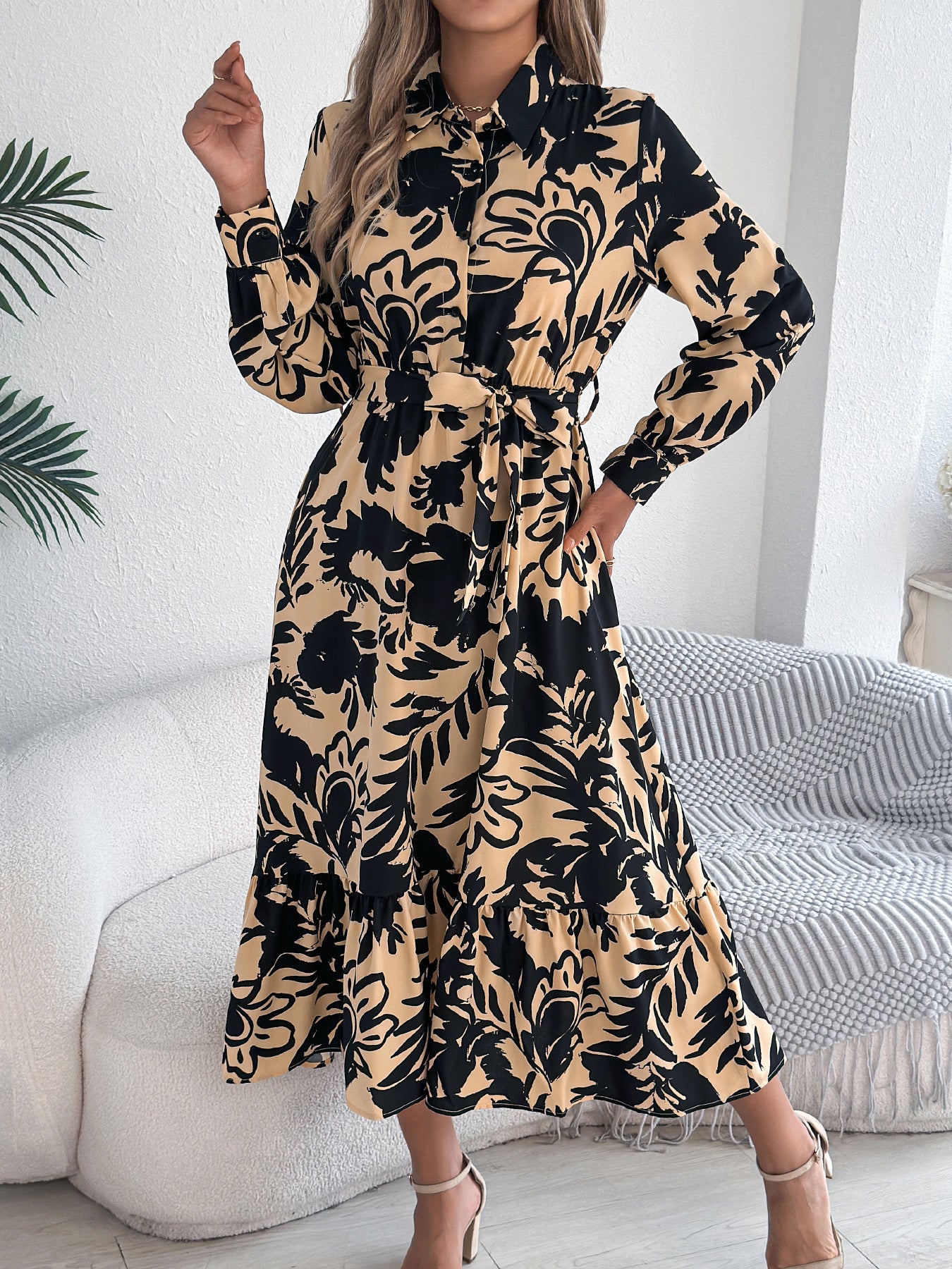 Women's Clothing Spring And Summer Leisure Flower Long Sleeve Shirt Skirt Dress