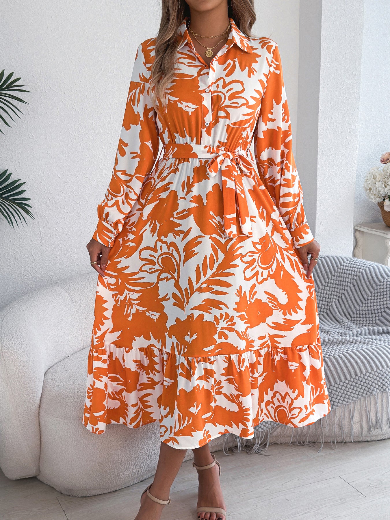 Women's Clothing Spring And Summer Leisure Flower Long Sleeve Shirt Skirt Dress