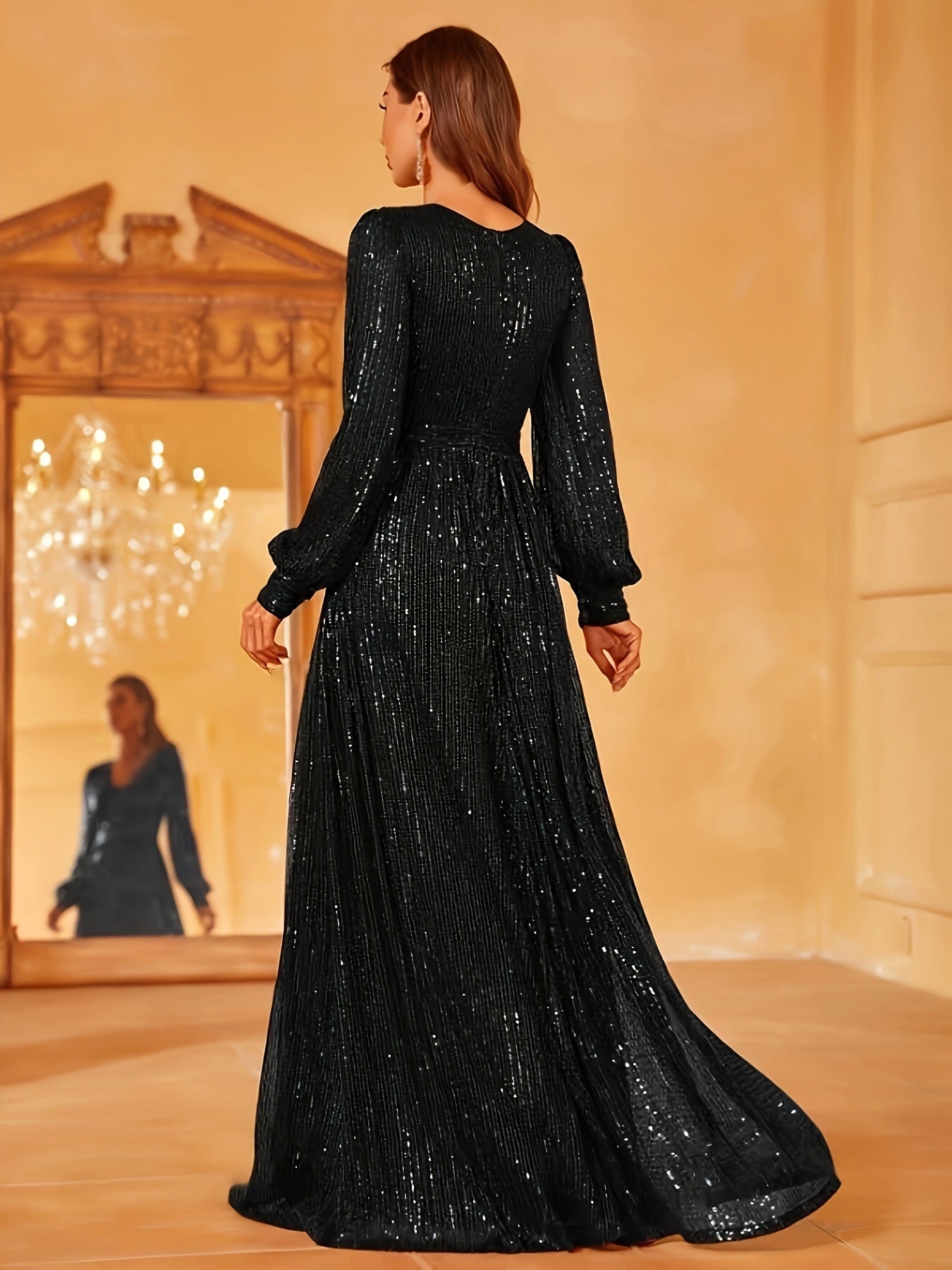 Elegant Dinner Sequined Long Sleeve V-neck High Waist Evening Dress