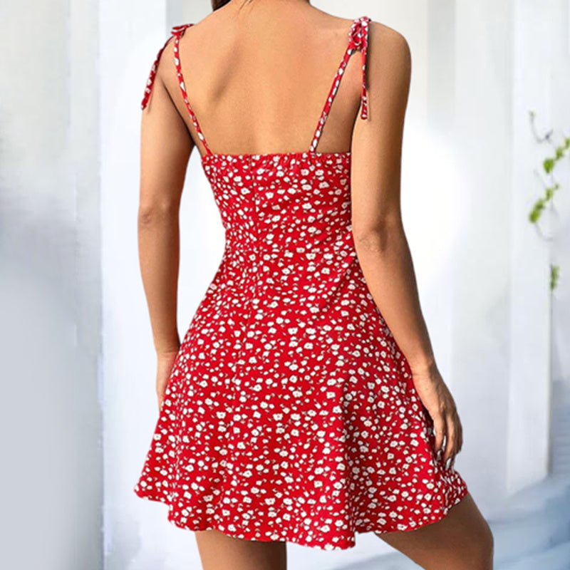 Womens Floral Mini Dress Spaghetti Strap Sleeveless Tie Shoulder Ruffle Summer Boho Dresses-FREE USA SHIPPING