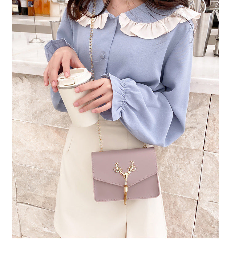 Tassel Deer Head Contrast Color Chain Small Square Leisure Phone Bag