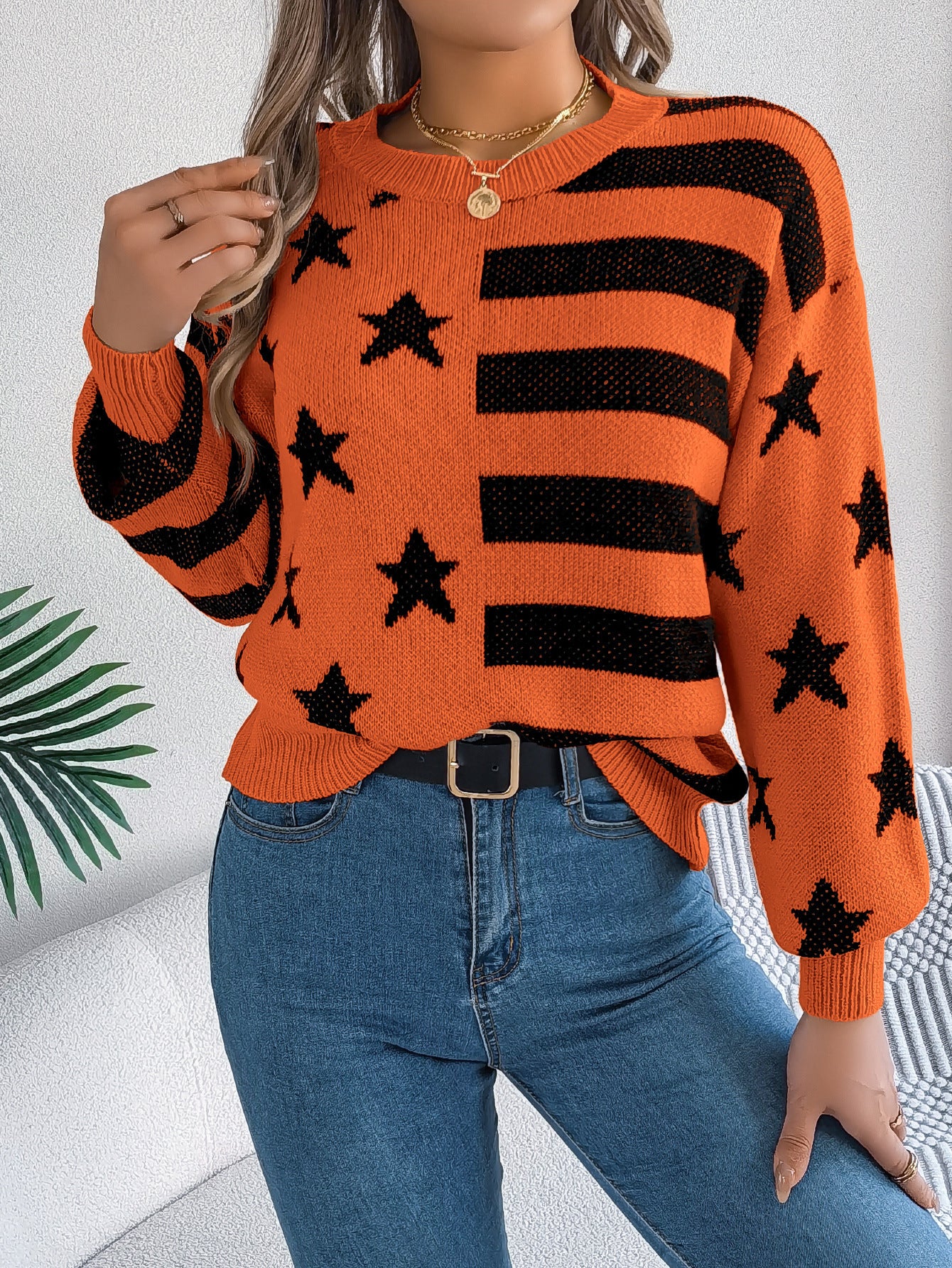 Casual Star Stripes Lantern Long Sleeve Pullover