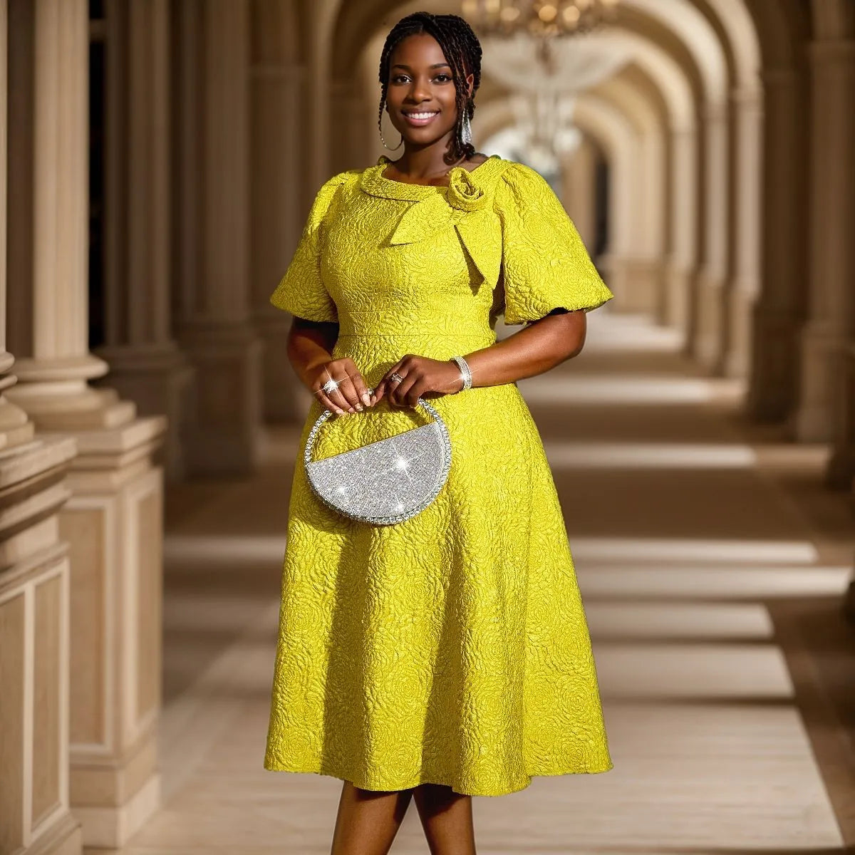 A- Line New Jacquard Fabric Flower Dress
