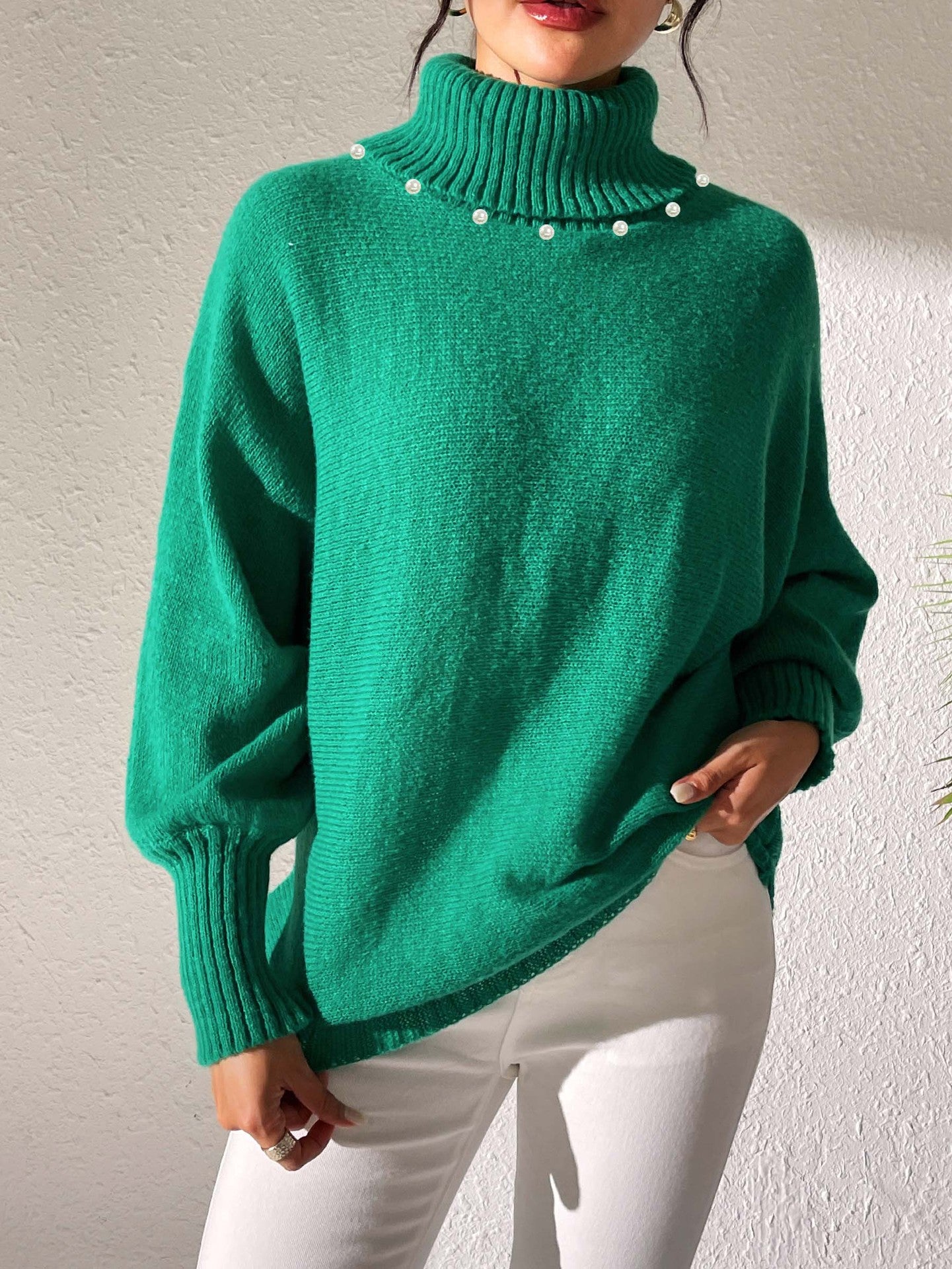 Women's Solid Color Simple Top Pearl Beaded Turtleneck Sweater Women's Base Shirt