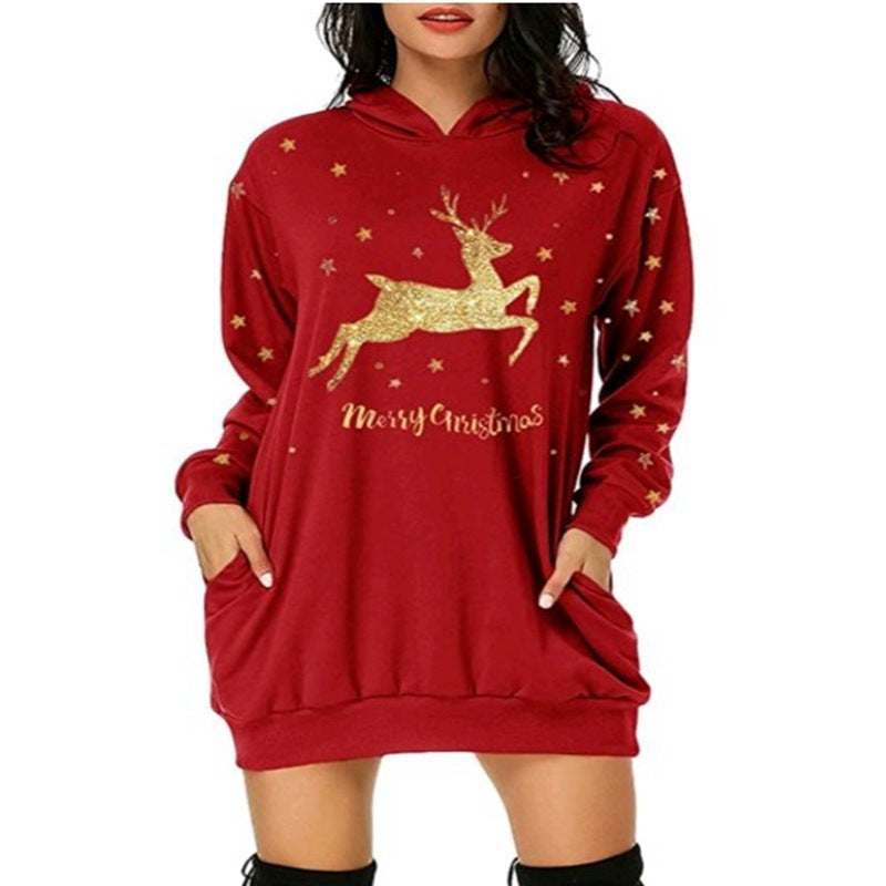 Christmas hot sale printed mid length pocket hooded long sleeved sweater