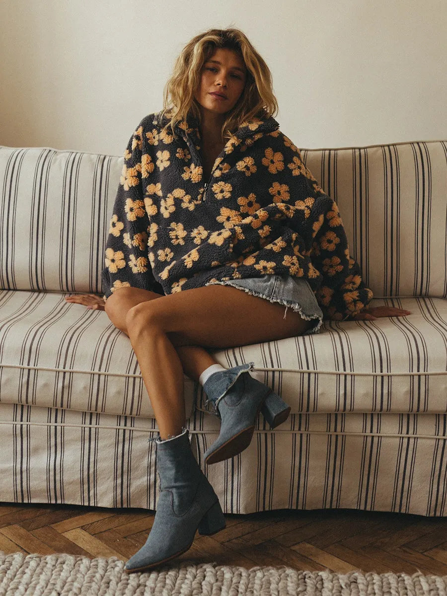 Winter Flowers Lambskin Sweatshirt With Big Pocket Casual Loose Zip-up Lapel Pullover Top Women's Clothing