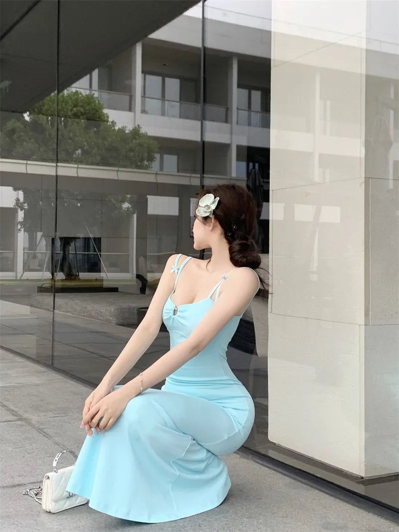 Double-shoulder Strap Sling Waist-tight Slim And Sexy Hip-wrapped Fishtail Dress