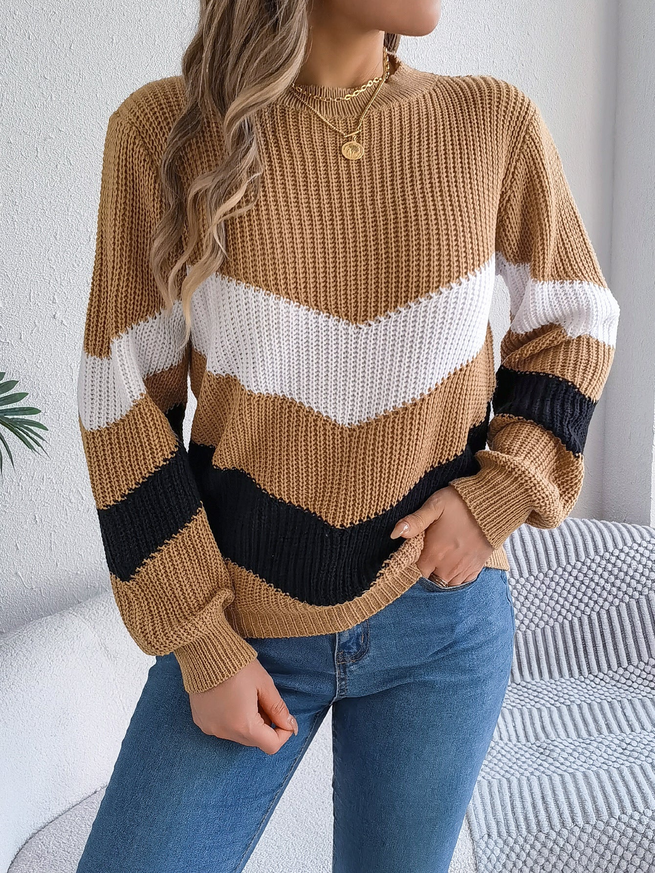 Casual Multicolor Lantern Long Sleeve Pullover