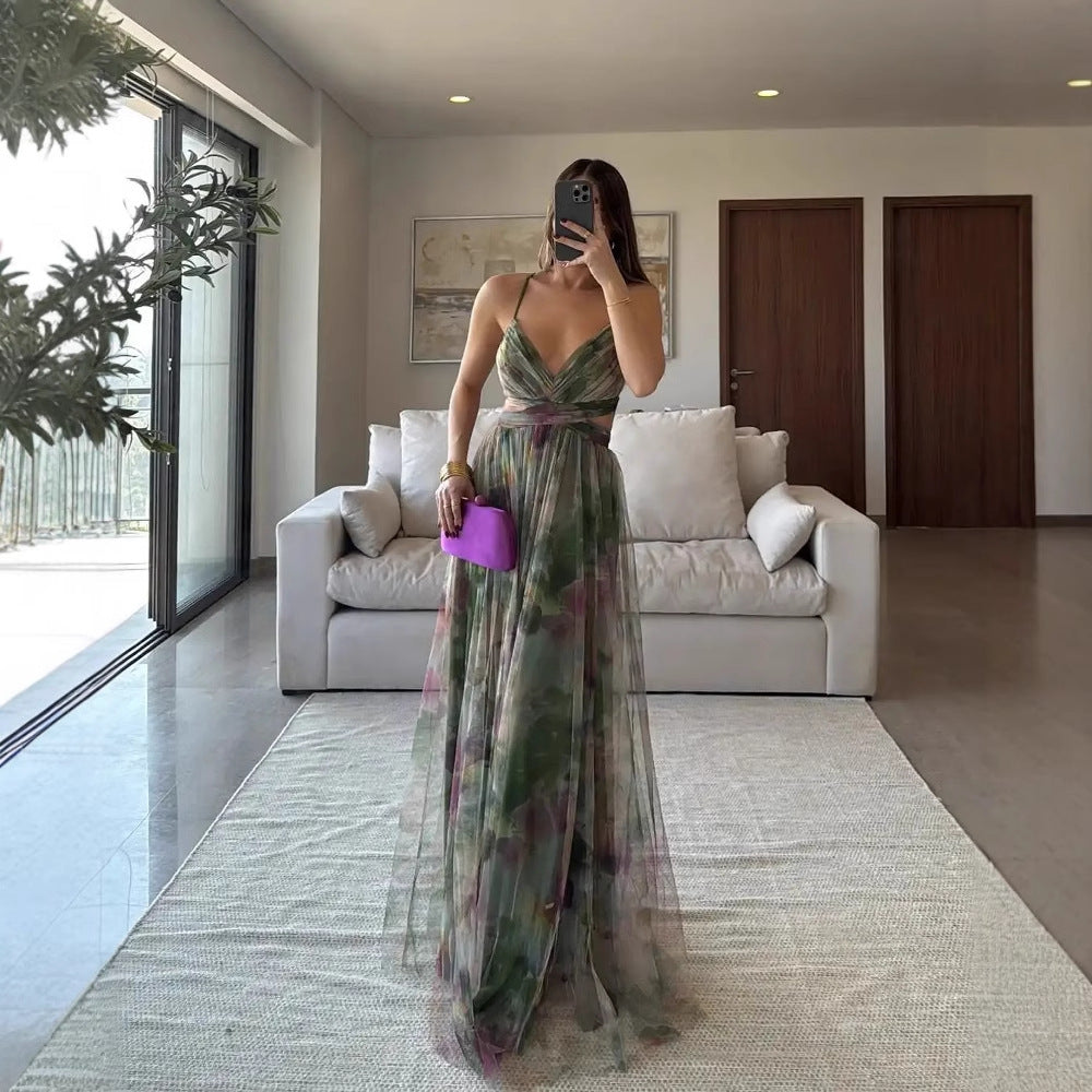 Mesh Printing Slip Dress Holiday Leisure Party