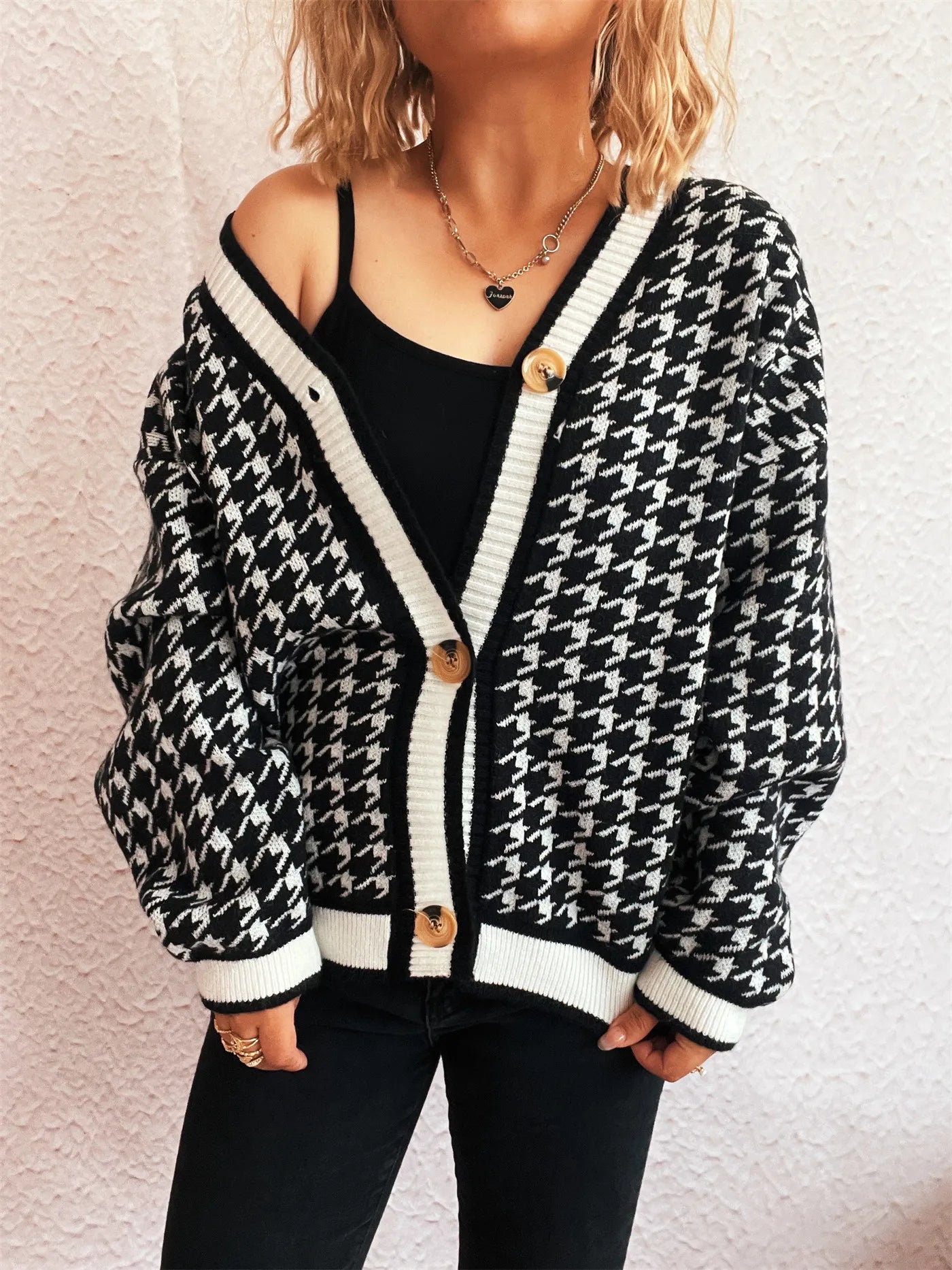 Stitching Plaid Knitted Women's Sweater