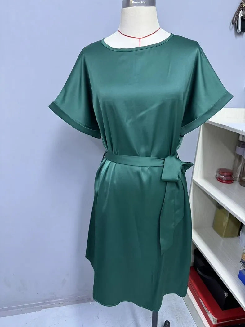 Lace-up Waist Short Sleeve Satin Dress