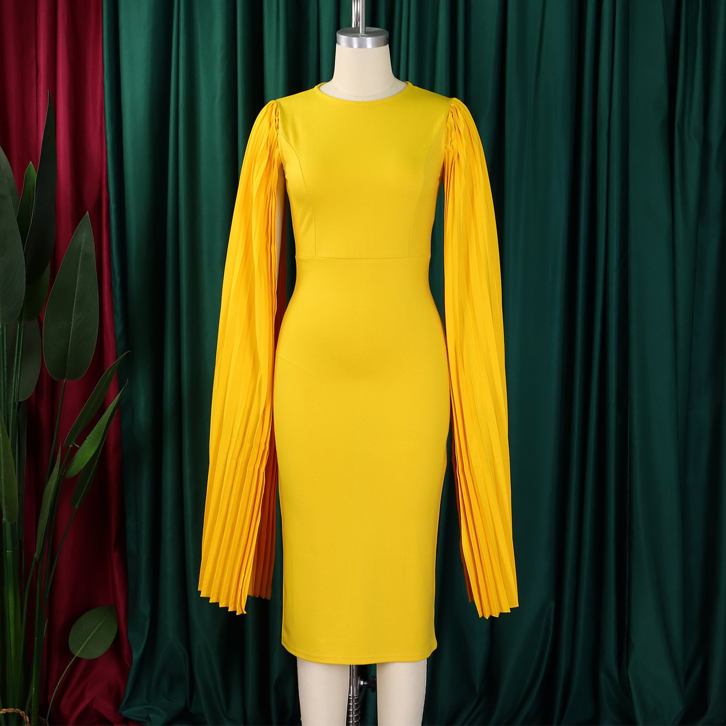 Round Neck Pleated Shawl Banquet Party Evening Gown