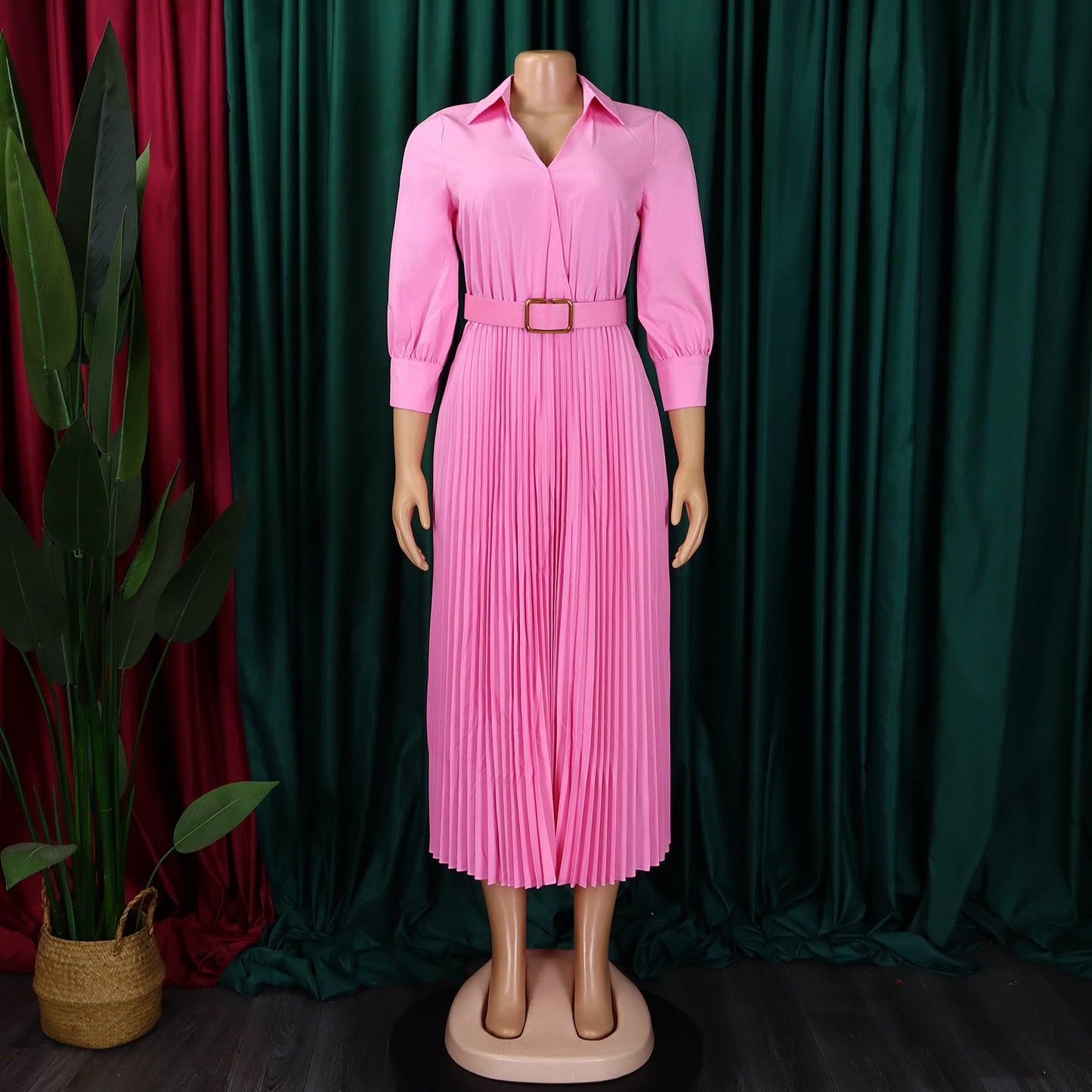 Autumn And Winter New Elegant Polo Collar Solid Color Large Swing Pleated Dress