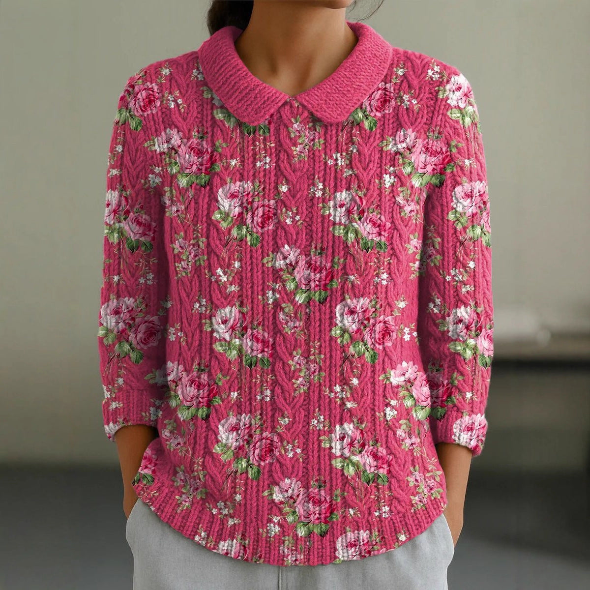 Autumn And Winter New Women's Doll Collar Knitted Jacquard Fabric French Retro Printed Top