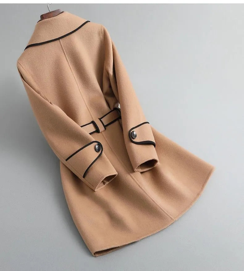 Western Style Contrast Color Mid-length Woolen Coat
