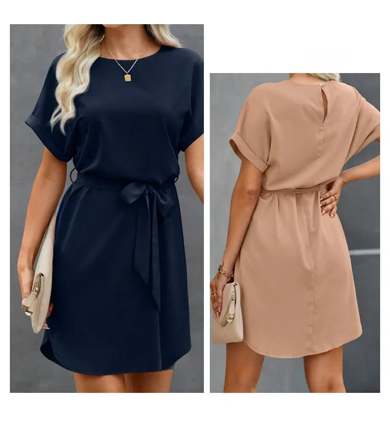 Lace-up Waist Short Sleeve Satin Dress