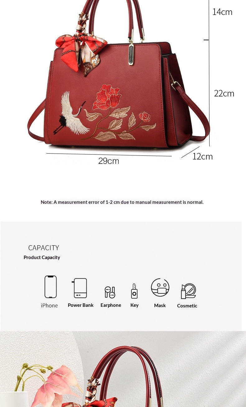 Womens New Chinese-Style National-Flair Embroidered Crane Fashion Crossbody Tote Bag