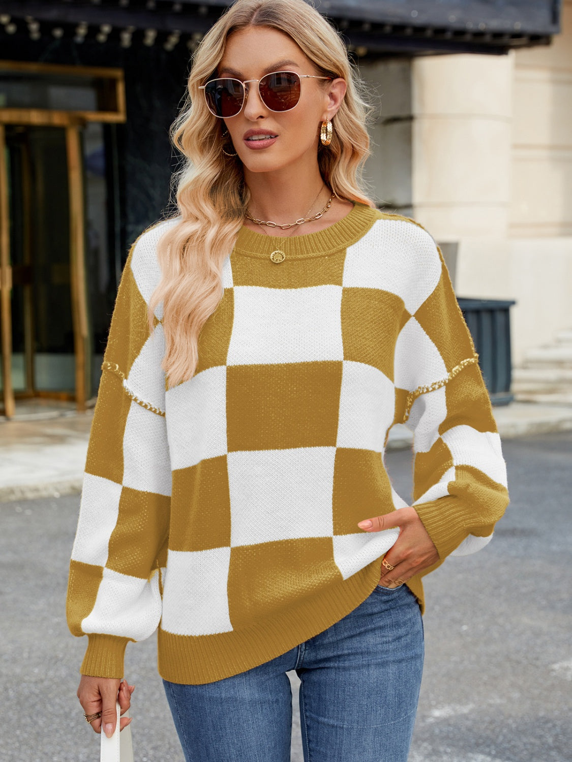 Plaid Round Neck Long Sleeve Sweater