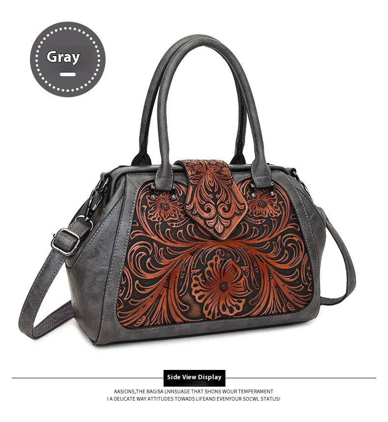 Handmade Carved One-shoulder Women's Leather Bag