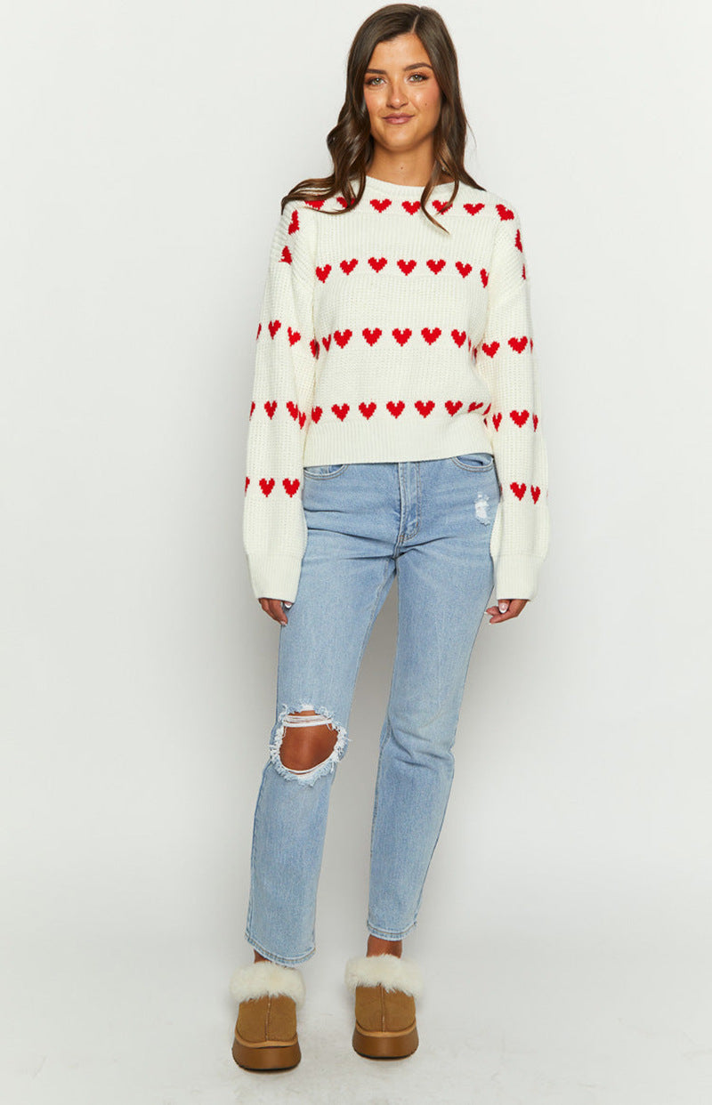 Sweet Cute Love Heart Two-tone Jacquard Contrast Color Round Neck Long Sleeve Sweater
