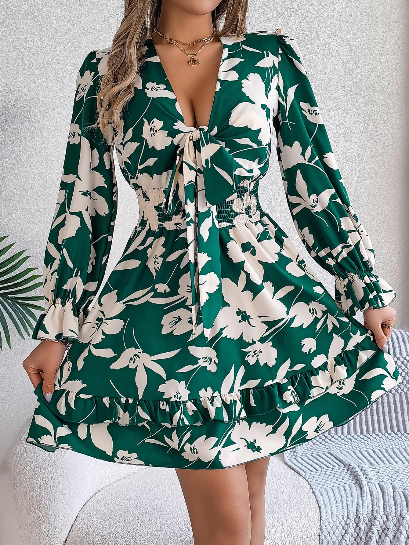 New Floral Printed V-Neck Long Sleeve Dress Fashion Ruffles Bowknot A-Line Short Dress Women's Clothing