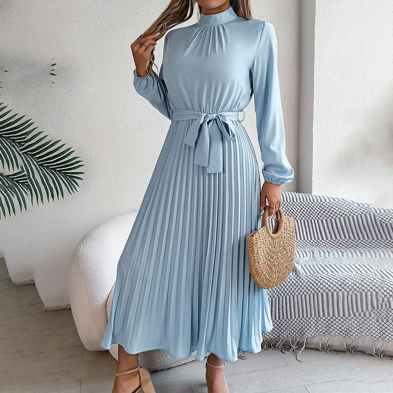 Elegant High Neck Long Sleeve Pleated Maxi Dress - Solid Color Flowy Dress For Women, Casual To Formal Wear-FREE USA SHIPPING