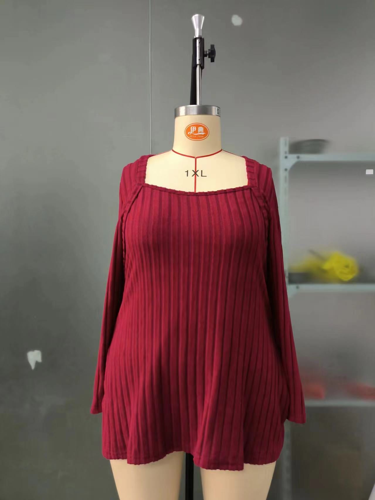 Rib Fabric Brushed Square Collar Long Sleeve Top