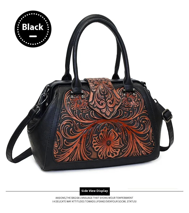 Handmade Carved One-shoulder Women's Leather Bag