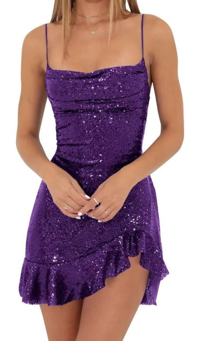 Back Cross Lace-up Ruffled Sleeveless Sling Dress