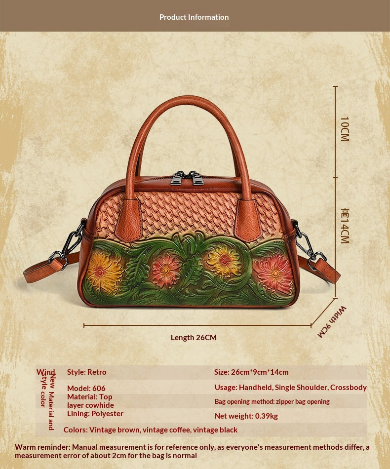 Retro Ethnic-style Full-grain Leather Shoulder Bag For Women