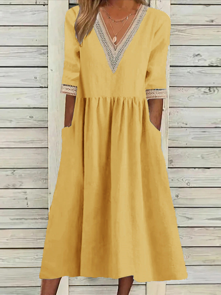Cotton And Linen Lace Collar Half Sleeve Mid-length Dress