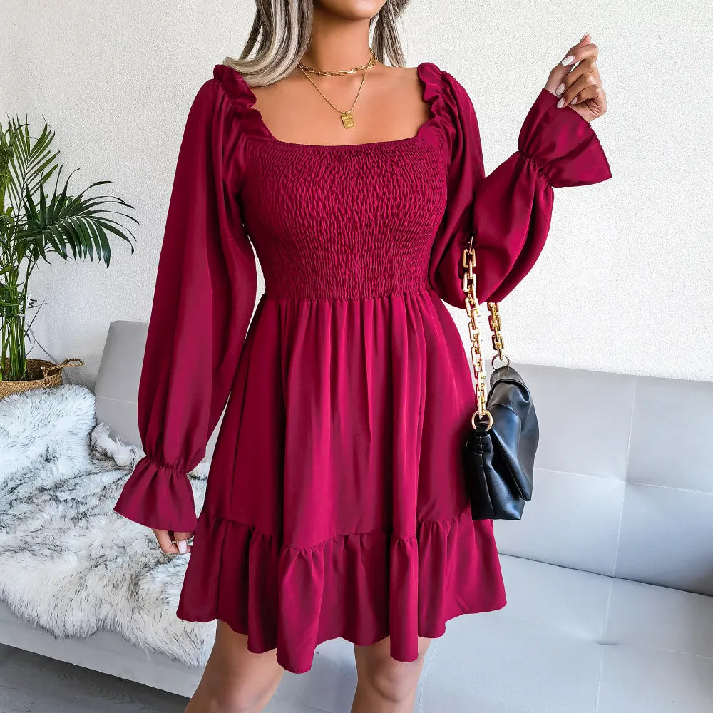 Flared Long Sleeve Dresses Women Square Neck Ruffled Swing Dress