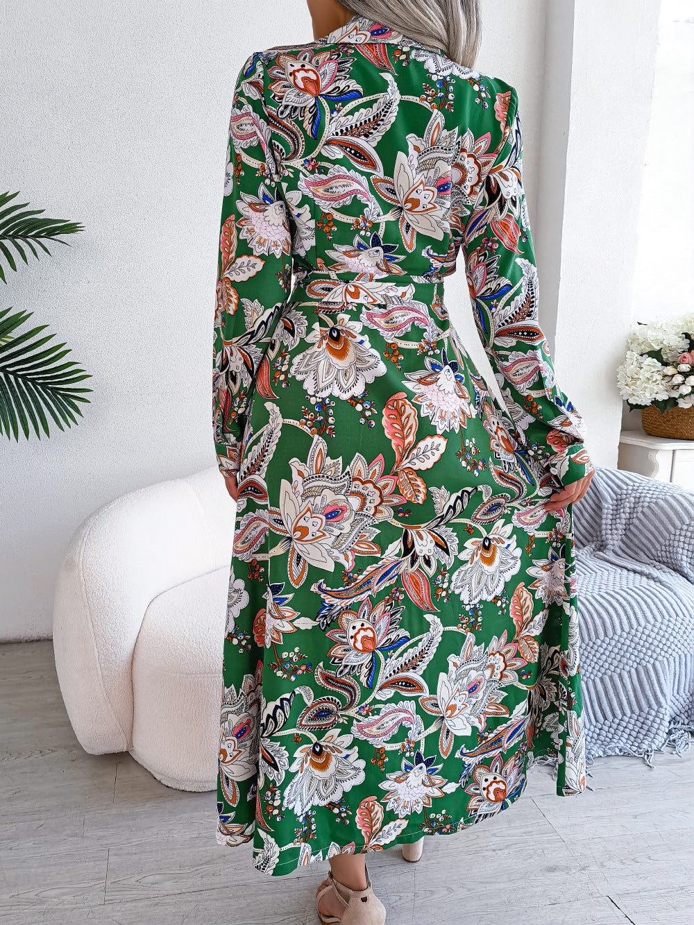 Retro Floral Stand Collar Belted Shirt Dress Long Skirt Women's Fashion Full Sleeve Regular Waistline Ankle-Length