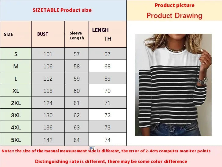 Long Sleeve Striped Two-tone Printed Patchwork Round Neck Top T-shirt