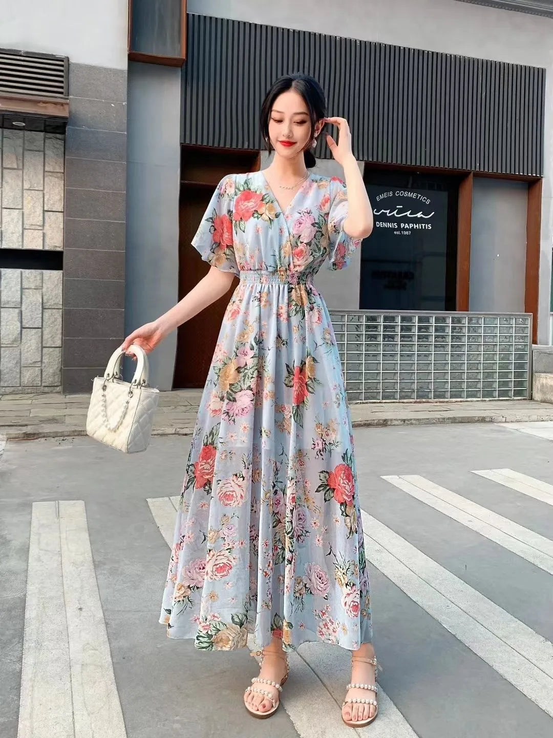 V-neck Mori Style Slim Fairy Floral Dress