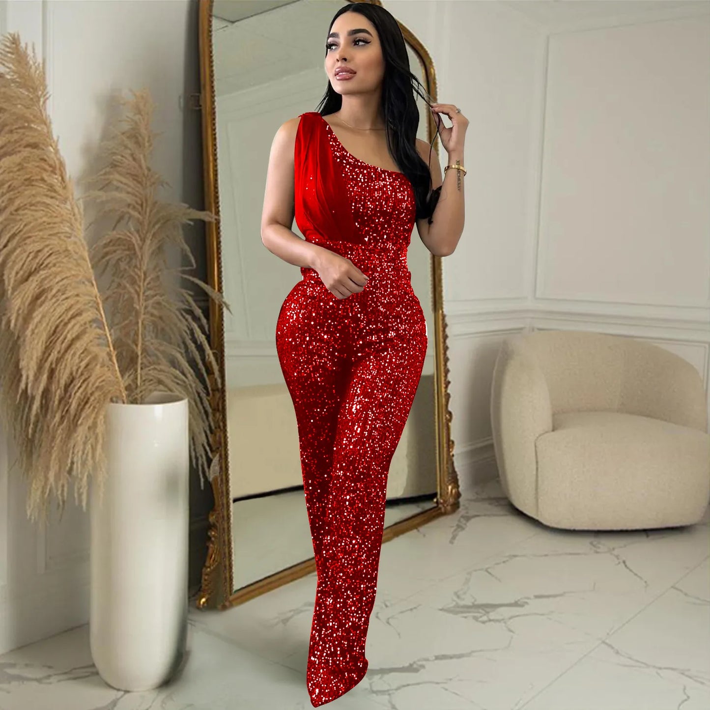 Women's Solid Color Sleeveless One-shoulder Sequined Trousers Jumpsuit