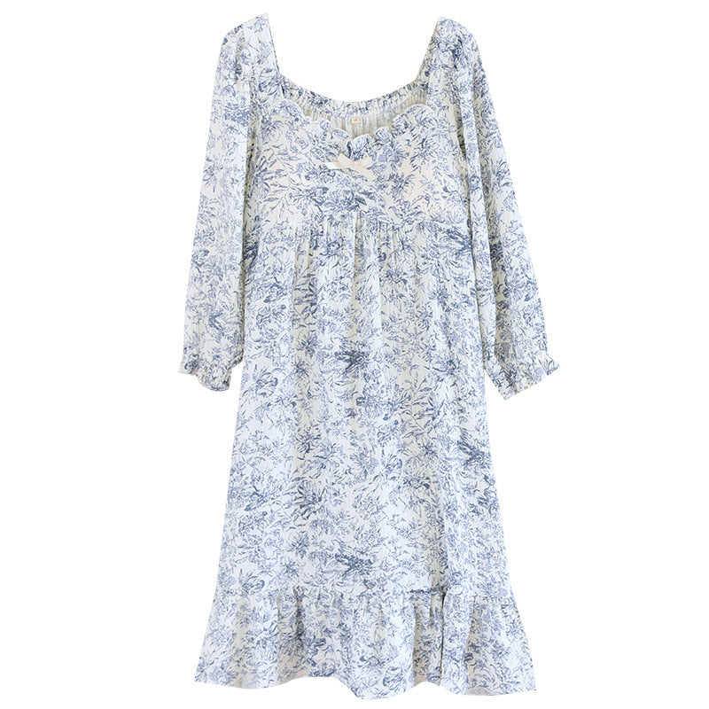 Cotton Crepe Chest Pad Long Sleeve Skirt U-collar Pullover Nightdress