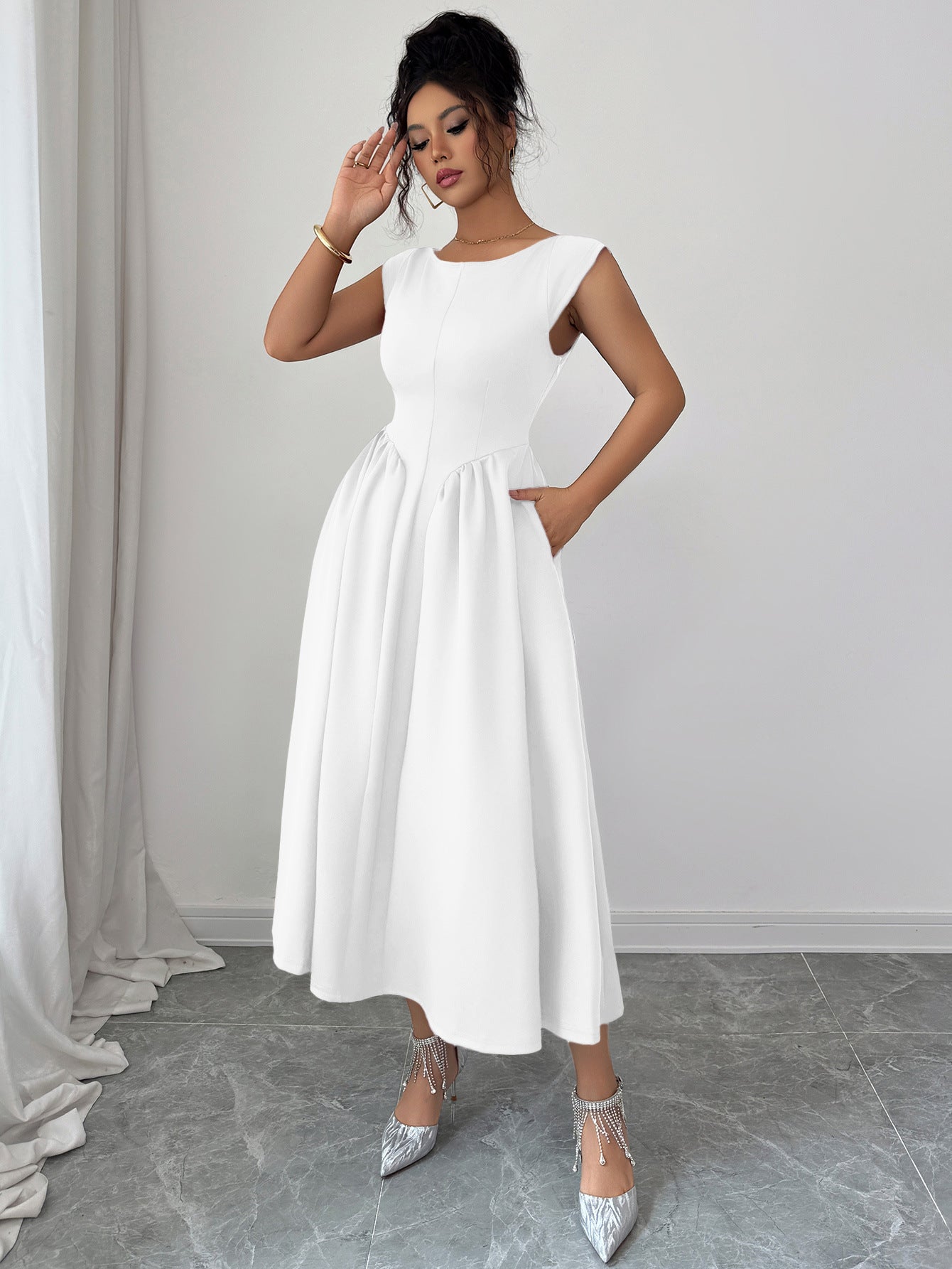 Solid Color Waist Long Skirt Dress Women