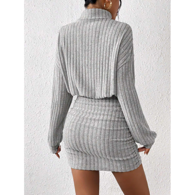 Sunken Stripe Turtleneck Sheath Long Sleeve Dress