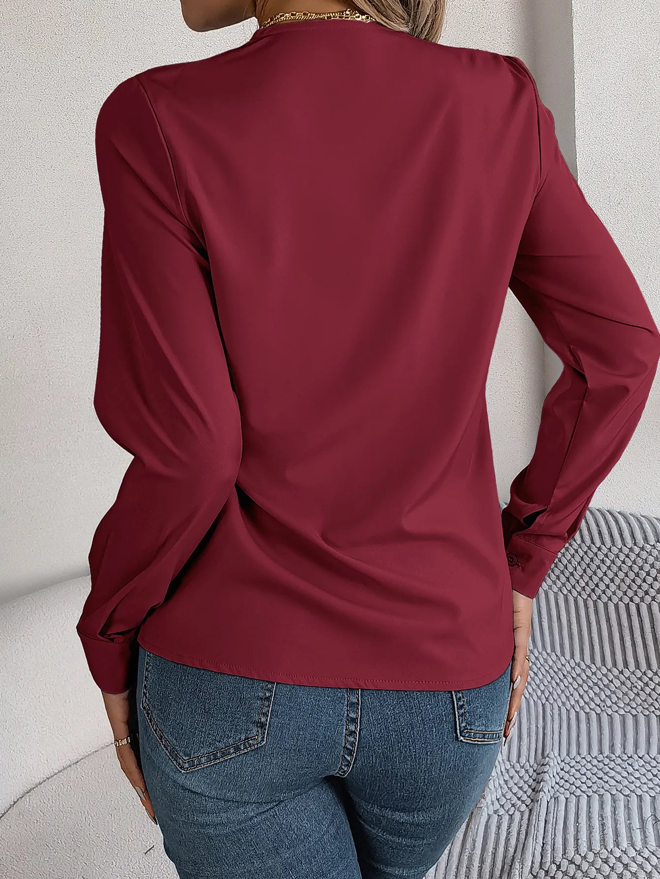 Fashion V-Neck Long Sleeve Shirt Elegant Commuter Solid Blouse Office Women's Clothing