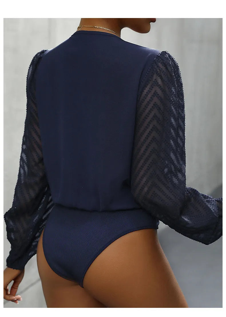 All-matching Solid Color And V-neck Pleated Lace See-through Long-sleeved Top