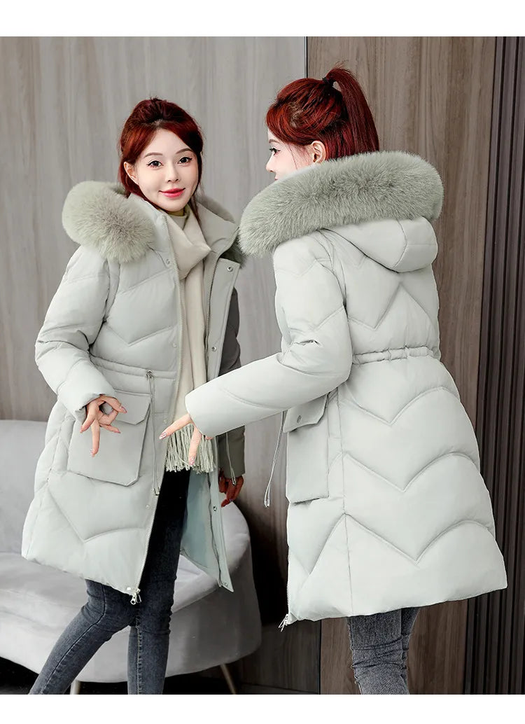 Women's Mid-length Big Fur Collar Hooded Cotton Vest Cotton-padded Jacket