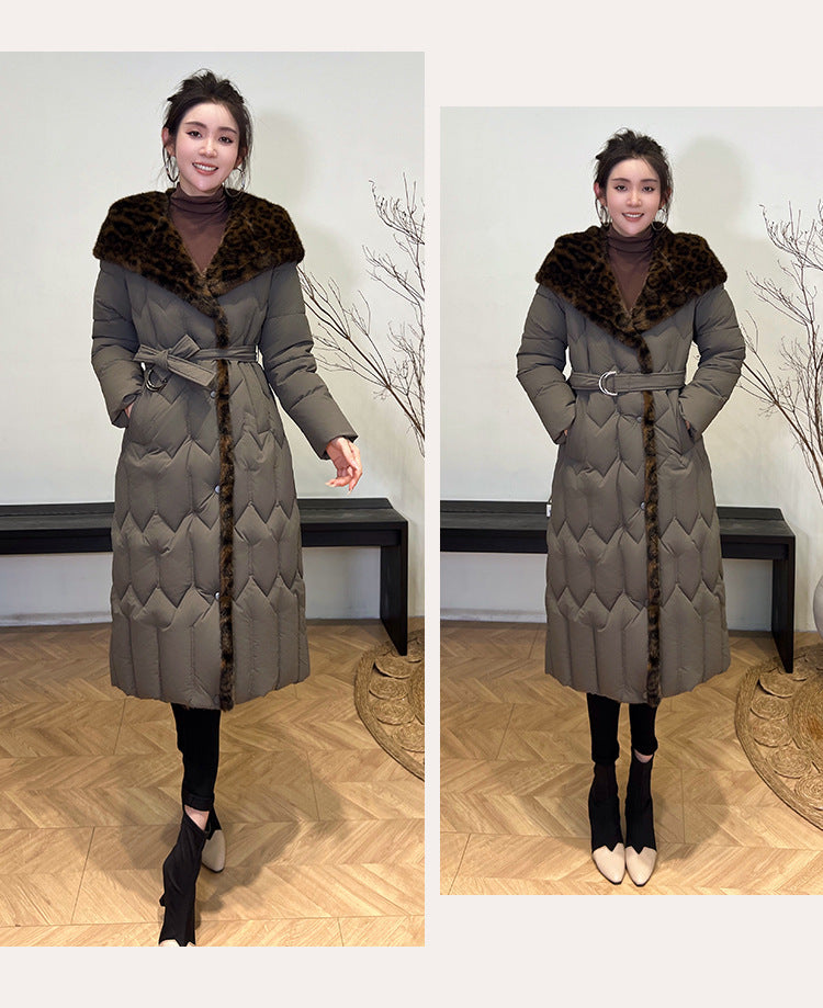 Stitching Overknee Long Slim-fit Belt Elegant Cotton-padded Jacket