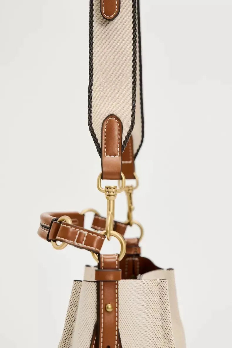 Fashion Drawstring Canvas Contrast Color Casual One-shoulder Bucket Bag